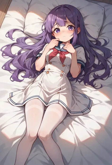 beige pantyhose,loli,sailor,dress,cute,lying,,purple hair,long hair,,shy,medium breasts