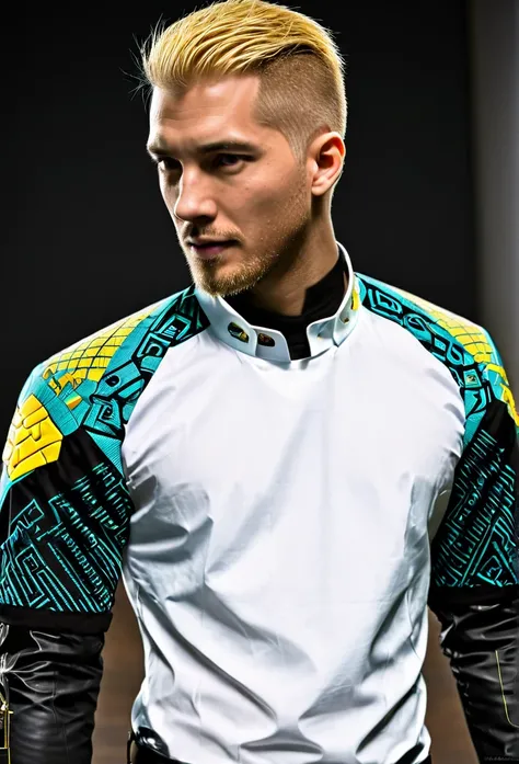 Matrix cyberpunk shirt blond man futuristic embroidery on a mens shirt, cyberpunk cyberpunk patterns are embroidered near the neck, sleeves without patterns, only a computer circuit is embroidered near the neck i