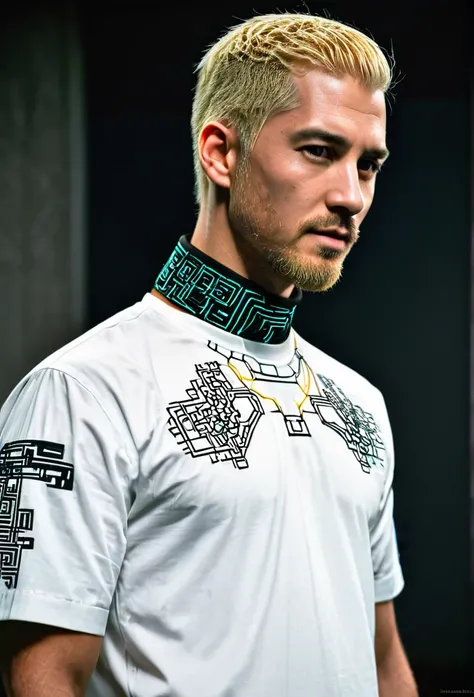 Matrix cyberpunk shirt blond man futuristic embroidery on a mens shirt, cyberpunk cyberpunk patterns are embroidered near the neck, sleeves without patterns, only a computer circuit is embroidered near the neck i