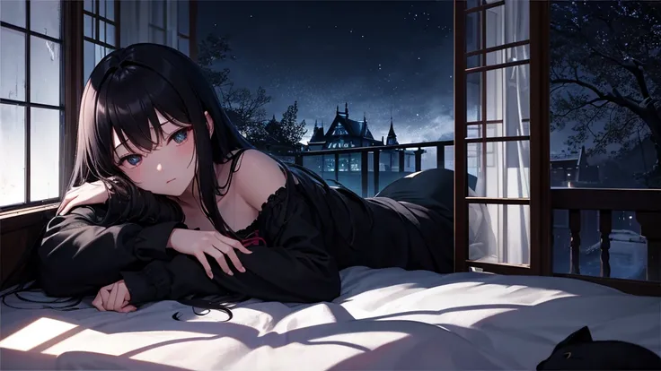 night、for sleeping、Highest quality、Inside the room、Sleeping girl、ephemeral、There is always a black cat somewhere in the room looking outside、Lofi Music、Fantasy、to become sad、relax、Healing、The room is dark、Outside view from the window、The background is a la...