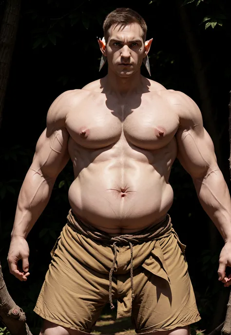 a male elf, eyes, pointy ears, erected, FAT stomach, dominant, head up, strong and fleshy upper body, lines of movement. ultra detailed, shorts, belly button