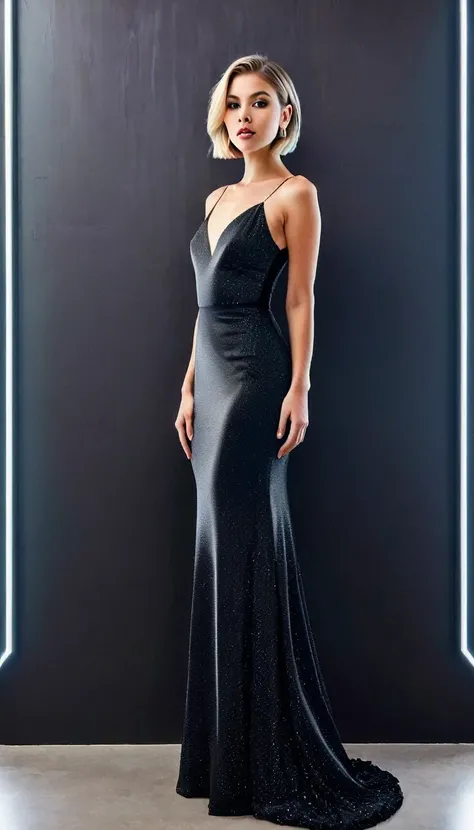 A contemporary scene of a woman in a sleek, modern gown. The gown transitions from metallic silver to black, adorned with minimalist designs. Her hair is styled in a chic, sleek bob, and she wears modern jewelry. The background features a sophisticated, mi...