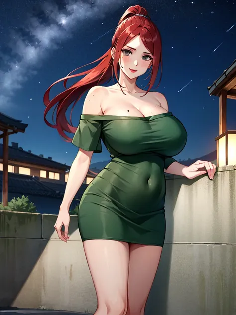 Uzumaki_kushina,huge breasts, beautiful face:1.3,butt hole,navel, cleavage ,bellybutton,off the shoulder:1.9,body facing front,full body shot,standing straight, short greenskirt,black t-shirt:off shoulder,green shirt ,loose dress, mole on chest,red lipstic...