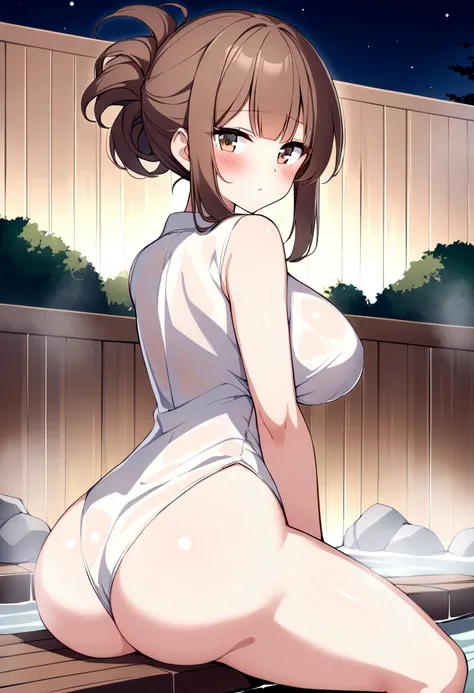 slender, mature female, 1girl, breasts, onsen, ass, blush,  large_breasts, looking_at_viewer, solo, steam, eyebrows_visible_through_hair, bangs, brown_hair, brown_eyes, sidelocks, night, sitting, closed_mouth, long_hair, outdoors, folded_ponytail, water