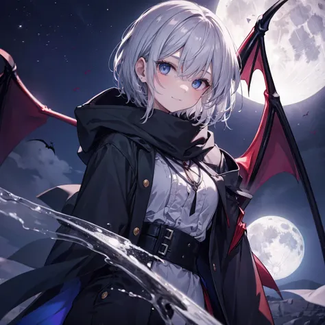 ((((vampire　Inflammation))))　(((Gray Hair　short hair　blue eyes　woman　Center close-up)))，((night　full moon　My own big wings))，(Wearing a hood　Black camisole　Purple light　Wearing a cloak)，　A strained smile　Shining Background　Shining Edges