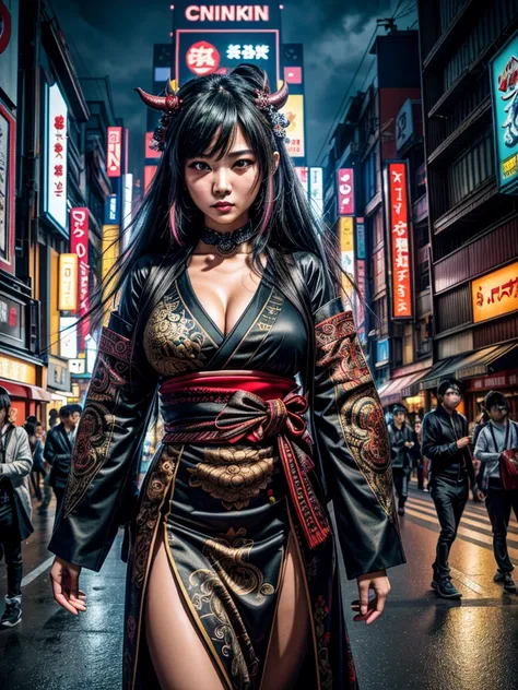 (masterpiece, cinematic photograph capturing the bustling streets of Shibuya, Japan, adorned with a procession of "oni" - traditional Japanese demons, parading through the night under the gaze of the intrigued crowd:1.3), (meticulously composed to convey t...