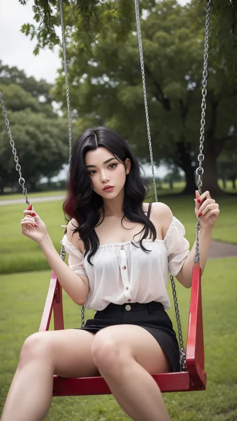 Black hair girl with red locks, smoking sitting on a swing on a cloudy day