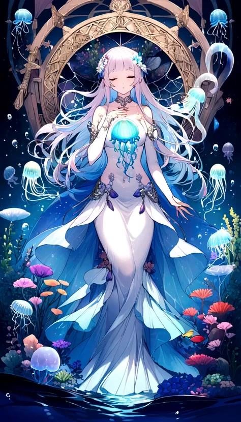 oil，Ocean，carefully，magic，Mysterious，(Ocean藻に抱かれた古代都市遺跡)，Aquatic plants beautiful coral reef，Colorful fish swimming，Clear visibility，Ethereal atmosphere，Marble mermaid statue、Whispering Shell、Luminous jellyfish、Ancient symbols and words、惊人的美丽和古老的magic，Unco...