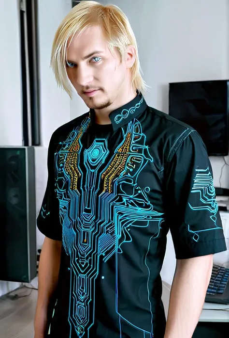 matrix cyberpunk shirt blond man futuristic embroidery on a men's shirt, cyberpunk cyberpunk patterns are embroidered near the n...