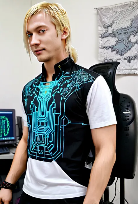 Matrix cyberpunk shirt blond man futuristic embroidery on a mens shirt, cyberpunk cyberpunk patterns are embroidered near the neck, sleeves without patterns, only a computer circuit is embroidered near the neck i