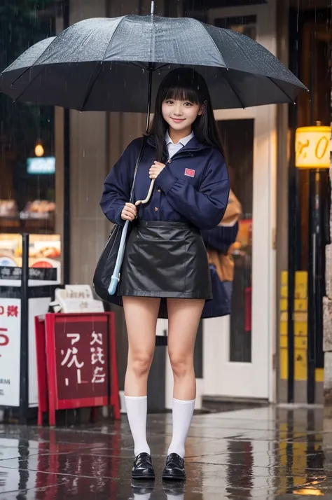 A 20-year-old girl selling umbrellas with umbrellas lined up（Wearing a miniskirt and apron）on a rainy day