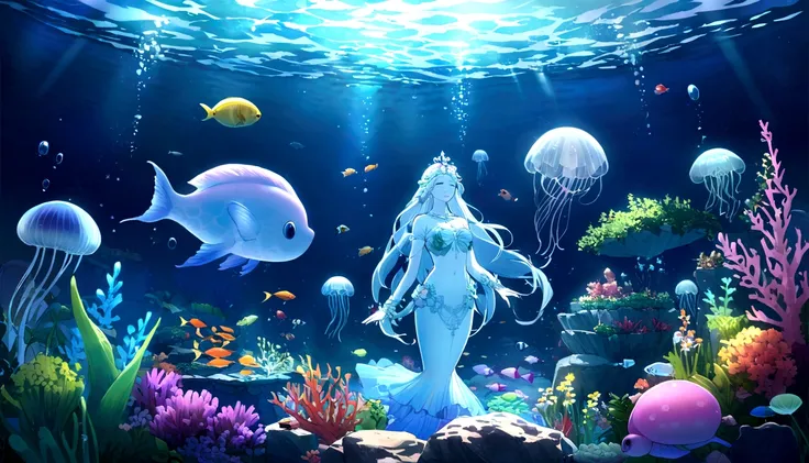 oil，Ocean，carefully，magic，Mysterious，(Ocean藻に抱かれた古代都市遺跡)，Aquatic plants beautiful coral reef，Colorful fish swimming，Clear visibility，Ethereal atmosphere，Marble mermaid statue、Whispering Shell、Luminous jellyfish、Ancient symbols and words、惊人的美丽和古老的magic，Unco...