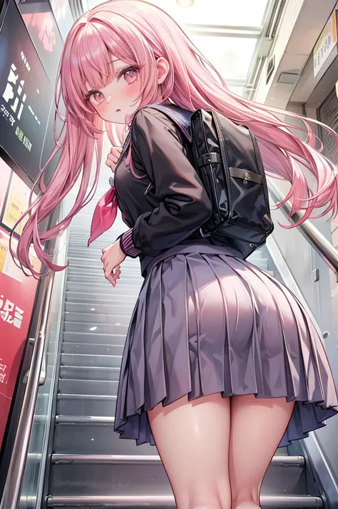 masterpiece, best quality,
view from behind, view from below, 
1girl, ((school uniform, serafuku,skirt)), pink hair, embarrassed face, 
skirt can be rolled up, escalator,