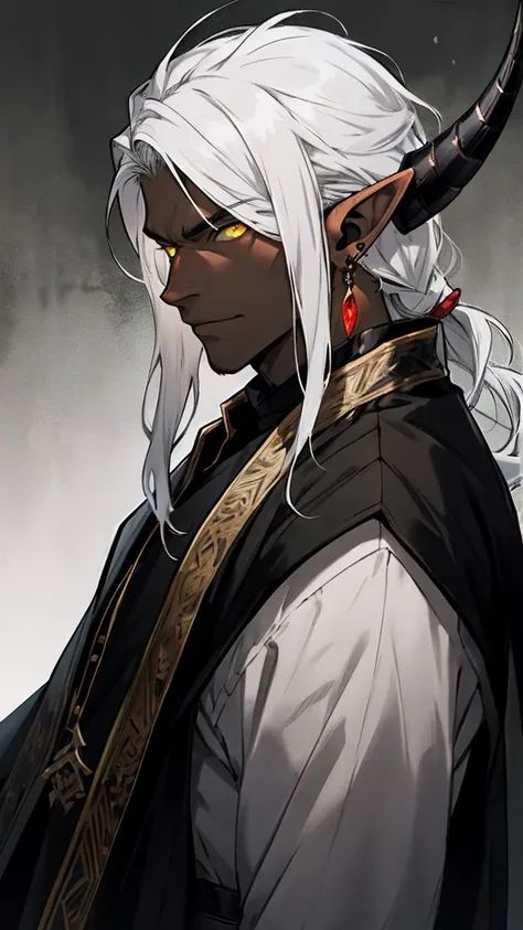  Man, tall, big, strong, black, elf, black, black skin, long hair, yellow eyes, elf, earring, emperor, domineering , Straight white hair, white hair, yellow eyes , black skin , Dragon horn 