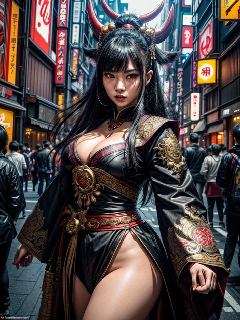 (masterpiece, cinematic photograph capturing the bustling streets of Shibuya, Japan, adorned with a procession of "oni" - traditional Japanese demons, parading through the night under the gaze of the intrigued crowd:1.3), (meticulously composed to convey t...