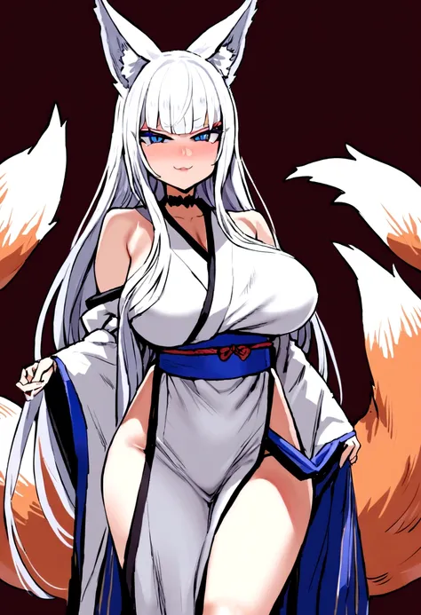 masterpiece, best quality,  kitsune 1girl, solo, beautiful kitsune woman, fox ears, bangs, white hair, very long hair, blue eyes, smug, large breasts, black choker, shoulderless kimono, white kimono, long kimono, long kimono sleeves, blue sash, 5 fox tails...