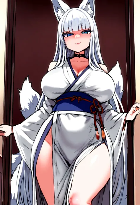 masterpiece, best quality,  kitsune 1girl, solo, beautiful kitsune woman, fox ears, bangs, white hair, very long hair, blue eyes, smug, large breasts, black choker, shoulderless kimono, white kimono, long kimono, long kimono sleeves, blue sash, 5 fox tails...