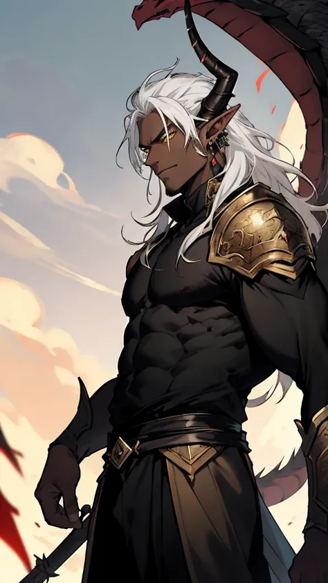  Man, tall, big, strong, black, elf, black, black skin, long hair, yellow eyes, elf, earring, emperor, domineering , Straight white hair, white hair, yellow eyes , black skin , Dragon horn , Dragon horn, half dragon 