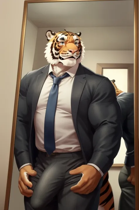 Author: bontiage, (1 boy), One, tiger, big bulge crotch, boner, pants, long sleeve plain shirt, necktie, Mens Second, kemono, hot body, muscle, Beautiful, sexual, Attractive guy, (Detailed black eyes), brows, (masterpiece, A high resolution, Best quality),...