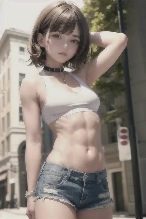 ((Medium breasts, Tomboy girl, Small head)), sunlight, Sunlight, (Chiseled abdominal muscles : 1.1), (Perfect body : 1.1), (Short Wavy Hair : 1.2) , Auburn hair, collar, chain, full-body shot, Crowded streets, Wearing a black vest, Denim jacket, ((shorts))...