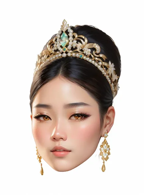 arafed woman wearing a tiable and earrings with a pearled headpiece, detailed face of a asian girl, asian face, south east asian with round face, oriental face, inspired by Sim Sa-jeong, kazakh empress, digital art of an elegant, asian beautiful face, beau...