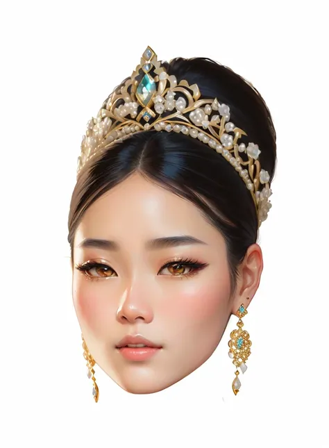 arafed woman wearing a tiable and earrings with a pearled headpiece, detailed face of a asian girl, asian face, south east asian with round face, oriental face, inspired by Sim Sa-jeong, kazakh empress, digital art of an elegant, asian beautiful face, beau...