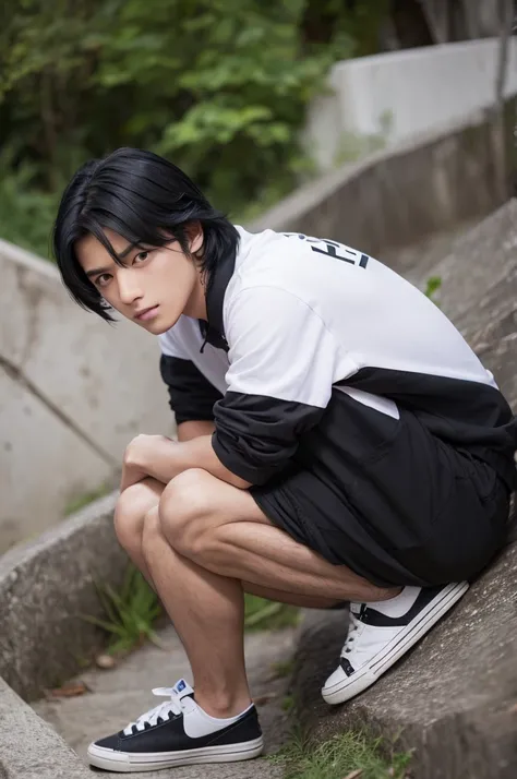 good looking　Black Hair　male　Crouching