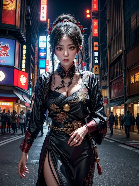 (masterpiece, cinematic photograph capturing the bustling streets of Shibuya, Japan, adorned with a procession of "oni" - traditional Japanese demons, parading through the night under the gaze of the intrigued crowd:1.3), (meticulously composed to convey t...