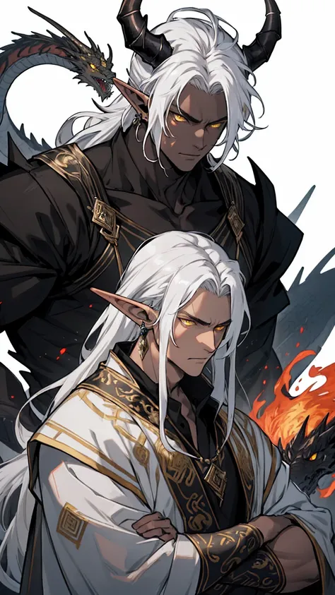  Man, tall, big, strong, black, elf, black, black skin, long hair, yellow eyes, elf, earring, emperor, domineering , Straight white hair, white hair, yellow eyes , black skin , Dragon horn , Dragon horn, half dragon 