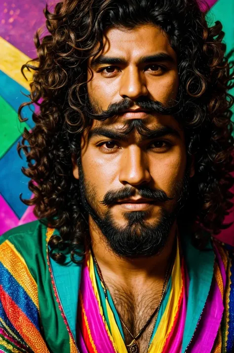 Mexican man with slanted eyes, curly hair and beard divided in triangles wearing a mexican gaban in a funk disco oddysey scene