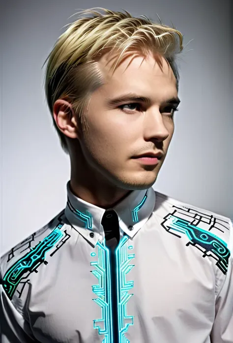 matrix cyberpunk shirt blond man futuristic embroidery on a men's shirt, cyberpunk cyberpunk patterns are embroidered near the n...