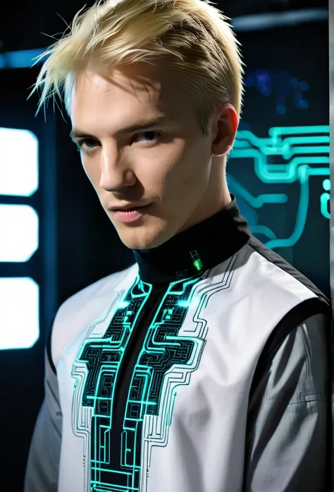 matrix cyberpunk shirt blond man futuristic embroidery on a men's shirt, cyberpunk cyberpunk patterns are embroidered near the n...