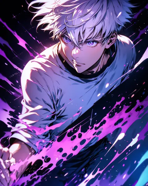 gojo satoru, snow white hairs, purple aura, confdent, dynamic fight pose