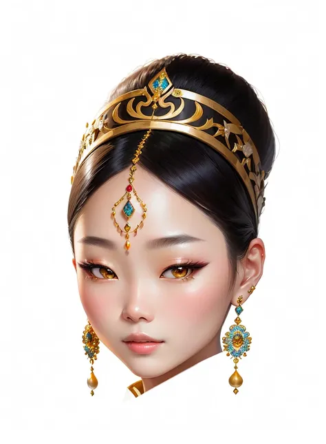 arafed woman wearing a tiable and earrings with a pearled headpiece, detailed face of a asian girl, asian face, south east asian with round face, oriental face, inspired by Sim Sa-jeong, kazakh empress, digital art of an elegant, asian beautiful face, beau...