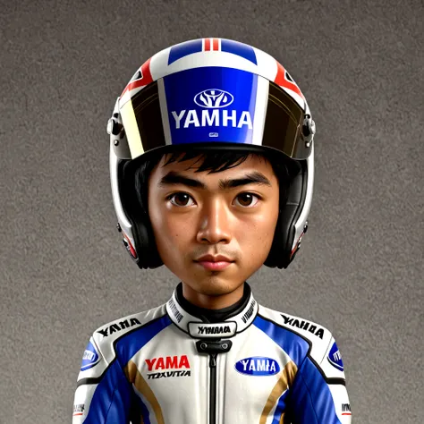 a young indonesia man, wear yamaha racing suit, big head, 3d, short hair, portrait. grey background, 3d cartoon, caricature