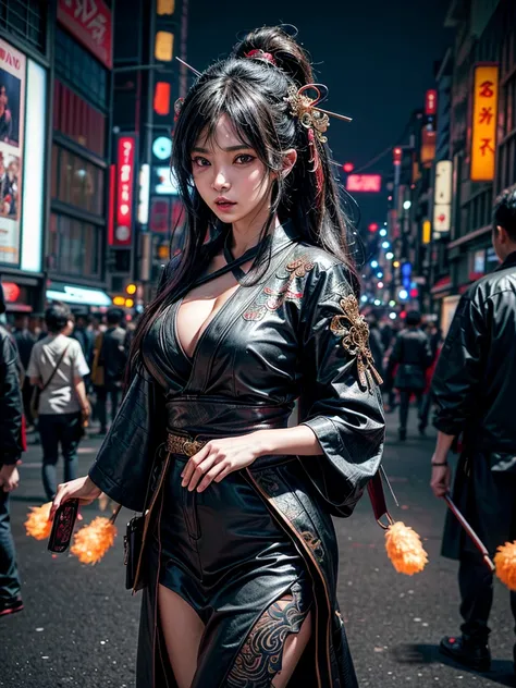 (masterpiece, cinematic photograph capturing the bustling streets of Shibuya, Japan, adorned with a procession of "oni" - traditional Japanese demons, parading through the night under the gaze of the intrigued crowd:1.3), (meticulously composed to convey t...