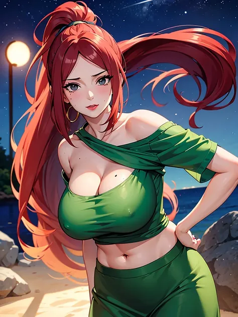 Uzumaki_kushina,huge breasts, beautiful face:1.3,butt hole,navel, cleavage ,bellybutton,off the shoulder:1.9,body facing front,full body shot,standing straight, short green skirt,green tshirt ,loose dress, mole on chest,red lipstick, mole on lip,ponytail,l...