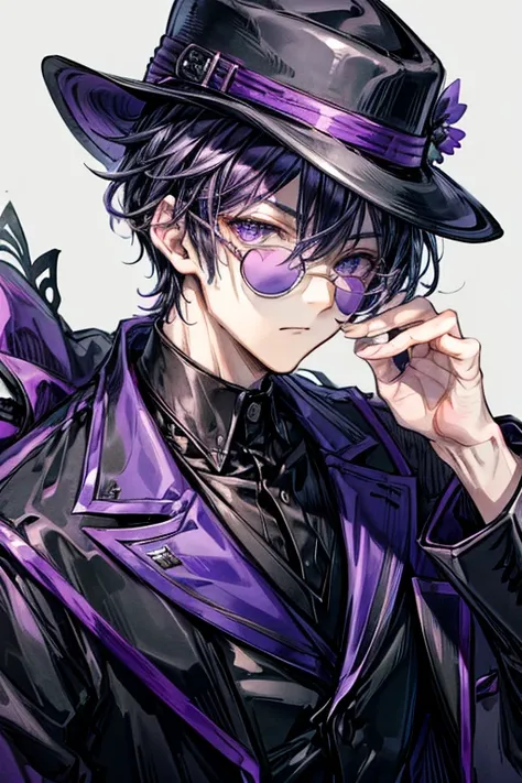 (masterpiece, best quality, perfect face, expressive eyes), 1boy, (anime), (male), black hair, purple ombre, purple hair, black ...