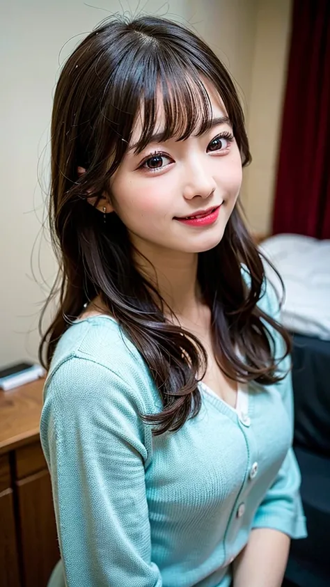 (8k, RAW photo:1.2)detailed face and eyes,最high quality, 超A high resolution, very detailed ,intricate details ,　bedroom,　black pajamas、pretty girl , soft movie-like light, hyper detail,sharp focus, high quality, dripping from,smile、