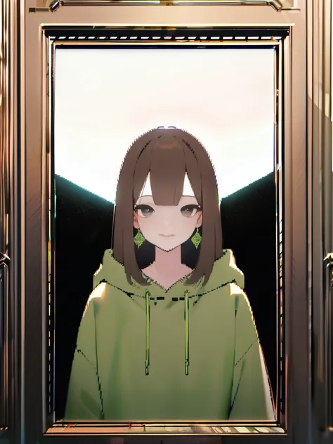 1 girl, alone,medium hair,((out of sight)),from the front,{smile},straight hair, brown hair, earrings,black eye,((green hoodie))...