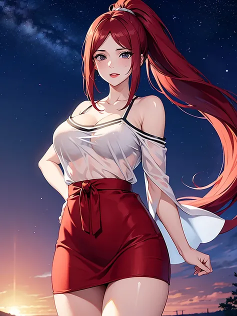 Uzumaki_kushina,huge breasts, beautiful face:1.3,butt hole,navel, cleavage ,bellybutton,off the shoulder:1.9,body facing front,full body shot,standing straight, small transparent skirt, transparent tshirt ,loose dress, mole on chest,red lipstick, mole on l...