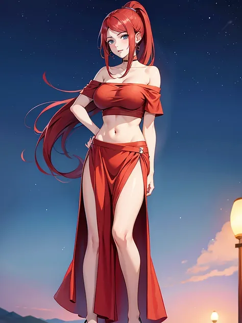 Uzumaki_kushina,huge breasts, beautiful face:1.3,butt hole,navel, cleavage ,bellybutton,off the shoulder:1.9,body facing front,full body shot,standing straight, small transparent skirt, transparent tshirt ,loose dress, mole on chest,red lipstick, mole on l...