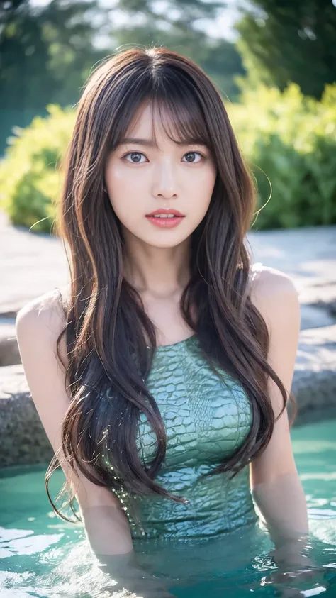 8K, Highly realistic photos、A beautiful and gorgeous anthropomorphic female dragon, Wearing a swimsuit, Located on the lake, Gray Hair, Wavy Hair, Super glowing skin, Wet_skin, The magnificent composition evokes admiration, Ultra-realistic and highly detai...