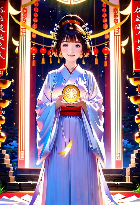 (shoot from front:1.2)Highest quality,4K,8K,High resolution,masterpiece,Has a shiny gem,goddess,Shrine maiden,short hair,Mysterious atmosphere,smile,Small face