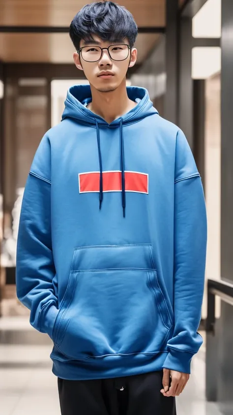 21 year old Beijing boy, he is ((oversized xxl blue plain hoodie)), wearing black Trousers, wearing sneakers, wearing glasses, fully body, (he is 한국 머리카락입니다) Korean style, walking, buzz Hairstyle,foot