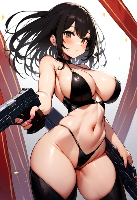  20 year old girl with perfect body and big breasts with bare breasts and only a thong and with a gun in her hand and long black hair 