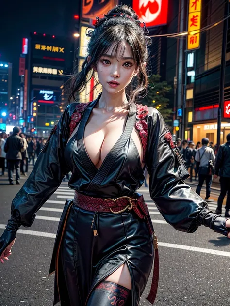 (masterpiece, cinematic photograph capturing the bustling streets of Shibuya, Japan, adorned with a procession of "oni" - traditional Japanese demons, parading through the night under the gaze of the intrigued crowd:1.3), (meticulously composed to convey t...