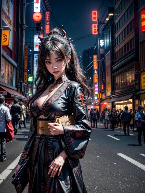 (masterpiece, cinematic photograph capturing the bustling streets of Shibuya, Japan, adorned with a procession of "oni" - traditional Japanese demons, parading through the night under the gaze of the intrigued crowd:1.3), (meticulously composed to convey t...