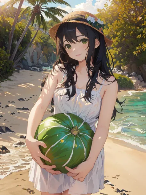 Anime girl holding a green pumpkin on the beach near the ocean, Gwaiz, Painted in an anime artist&#39;s studio, artwork in the style of Gwaiz, Created by Anime Painter Studio, Makoto Shinkai and Artgelm, maAlso kitagawa fanart, 4K Manga Wallpapers, Also, [...