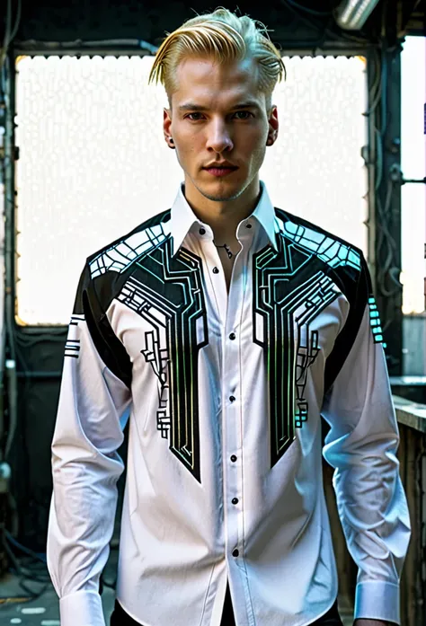 matrix cyberpunk shirt blond man futuristic embroidery on a men's shirt, cyberpunk cyberpunk patterns are embroidered near the n...